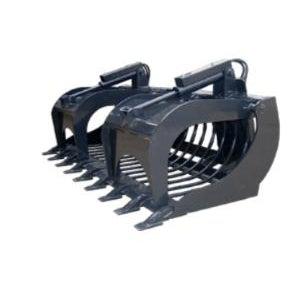 A black skid-steer rod grapple with a weld-on tooth bar, replaceable teeth, 7/8" round rods with 3" spacing, and twin 2.5" x 10" industrial cylinders, shown from a side angle.