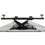 The Triumph RJ-5000, a black rolling bridge jack with a scissor lift-style mechanism, is shown with a 5,000 lb capacity. The jack's frame is shown with a minimum width between pads of 32.2 inches.