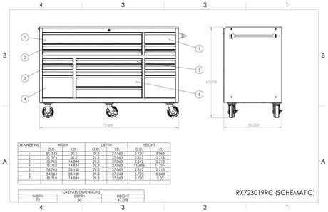 Extreme Tools RX Series 72"W x 30"D 19 Drawer Roller Cabinet - 250 lbs Slides