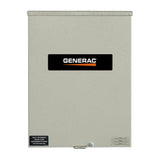 
A grey Generac RXSW100A3 100-Amp Automatic Smart Transfer Switch in a NEMA 3R enclosure. A black "GENERAC" logo is centered on the front with a label indicating a "100 AMP RATING" for indoor/outdoor use.