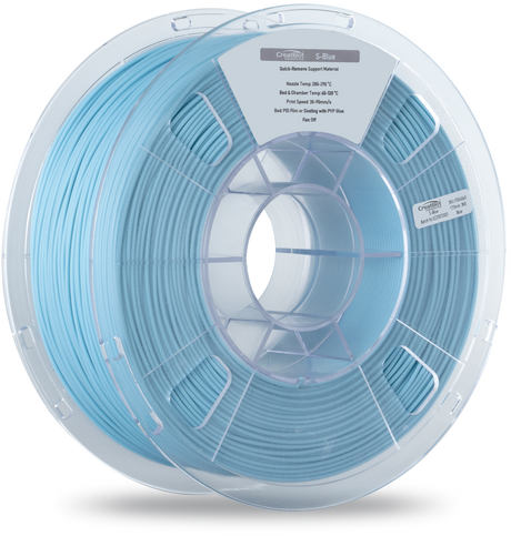 A detailed close-up of a CreatBot S-Blue Quick-Remove Support 3D printer filament spool, highlighting the wound light blue filament and product label.