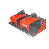 An orange and black Skeleton Grapple Bucket for Skid Steer with 3/8" thick tines, independent double cylinder grapples, and a reinforced skid-steer plate, shown at an angle.