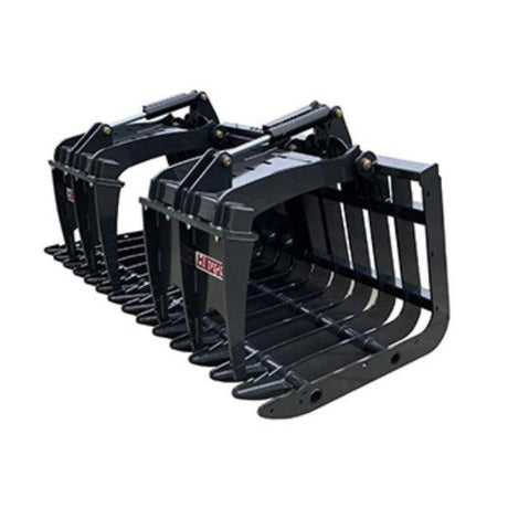 A black Haugen Telehandler Skeleton Grapple with durable 1/2" Grade 50 steel tines and two independent grapples.