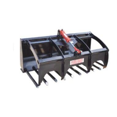 A black Skid-Steer Utility/Manure Fork with Grapple from Haugen, featuring a single-cylinder grapple, and multiple heavy-duty tines.