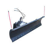 A black Haugen snow blade for skid steers with two red height markers, a trip moldboard, and hydraulic angle adjustment.