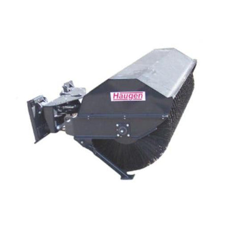 A black Skid Steer Manual Angle Broom with a 32-inch diameter brush and a built-in leveling system, shown with the Haugen logo.