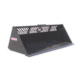 A black Haugen Skid Steer Medium Snow Bucket with a see-through window and reinforced wear bars, angled on a white background.