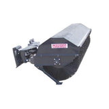 A black Skid Steer Power Angle Broom with a 32-inch diameter brush, a hydraulic power angle, and storage stands to protect bristles.