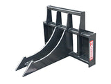 A black rock digger for skid steers featuring 36-inch long tines with 8-inch spacing, a heavy-duty backrest, and a heavily gusseted quick attach mechanism.