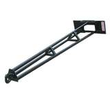 A black truss jib for skid steer loaders with a built-in 15-degree angle and a pintle hitch, extending to a long, slender point.