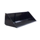 A black Haugen Telehandler Quick Attach Standard Capacity Bucket with a high carbon cutting edge, angled on a white background.