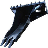 A black skid-steer stump bucket with a cantilever design, three replaceable teeth, and 1/2" steel construction, shown from a low angle.