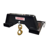 A black Haugen High-Capacity Swivel Hook with a 22,000 lbs capacity, featuring a single, large hook and two channels for forklift tines.