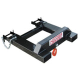 A black Haugen Standard Swivel Hook attachment for forklifts and telehandlers, featuring a single crane hook and safety chains on the sides.