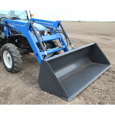 A blue New Holland tractor equipped with a 72" HMG material grapple, standing in a large, open field under a cloudy sky.