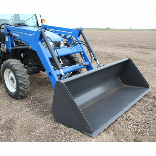 A blue New Holland tractor equipped with a 72" HMG material grapple, standing in a large, open field under a cloudy sky.