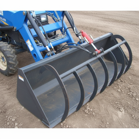 A blue New Holland tractor with a 72" HMG material grapple, a durable attachment featuring a single top clamp for handling various materials.