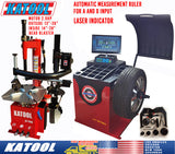 Close-up of the red Katool KT-B750 wheel balancer with "Longer Shaft 936mm" and "Reverse Fitting for Wheel" text, highlighting key features for balancing wider wheels.