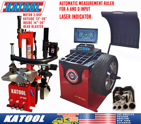 Close-up of the red Katool KT-B750 wheel balancer with "Longer Shaft 936mm" and "Reverse Fitting for Wheel" text, highlighting key features for balancing wider wheels.