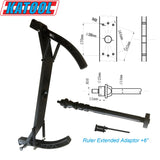 A product shot of the Katool "Ruler Extended Adaptor +6" accessory. The image shows the black metal tool, an extended ruler attachment, and a technical drawing with measurements, including an M8 screw and a 10mm hole.