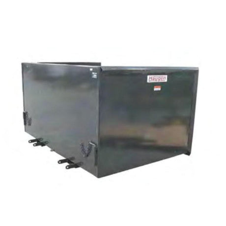 A black Telehandler Trash Hopper with a solid, high-capacity bin. The hopper features fork pockets on the bottom and chain attachments for secure connection.