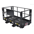  A black industrial work platform for telehandlers, featuring a steel mesh floor, a spring-loaded self-latching door, and yellow warning decals.