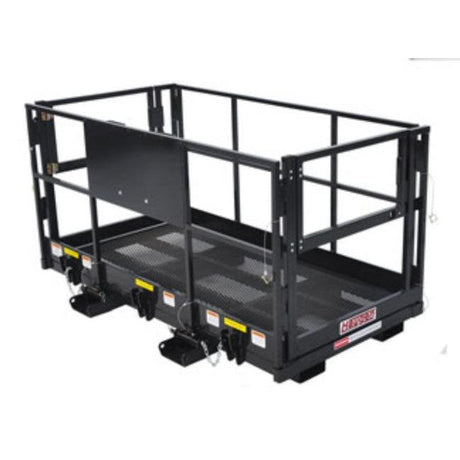  A black industrial work platform for telehandlers, featuring a steel mesh floor, a spring-loaded self-latching door, and yellow warning decals.