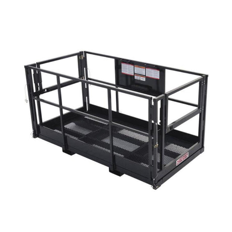 A black industrial work platform for a telehandler with a steel mesh floor, two entry doors, and a safety warning decal on the back railing.