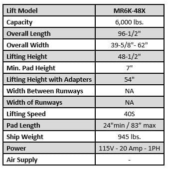 Tuxedo MR6K-48X 6,000 lb Mid-Rise Scissor Lift MR6K-48X