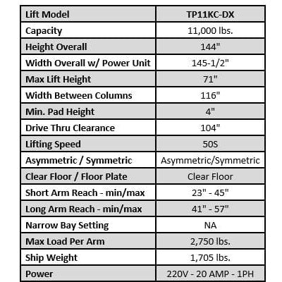 Tuxedo TP11KC-DX 11,000 lb Two Post Clear Floor --Direct Drive - Bi-Symmetric - 3 Stage - Single Point TP11KC-DX