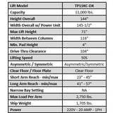 Tuxedo TP11KC-DX 11,000 lb Two Post Clear Floor --Direct Drive - Bi-Symmetric - 3 Stage - Single Point TP11KC-DX