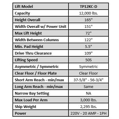 Tuxedo TP12KC-D 12,000 lb Two Post Lift -- Direct Drive TP12KC-D
