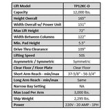Tuxedo TP12KC-D 12,000 lb Two Post Lift -- Direct Drive TP12KC-D