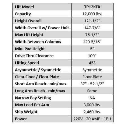 Tuxedo TP12KFX 12,000 lb Two Post Floor Plate Lift TP12KFX