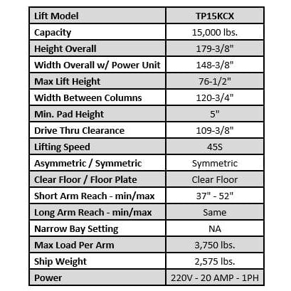 Tuxedo TP15KCX 15,000 lb Heavy Duty Two Post Lift TP15KCX