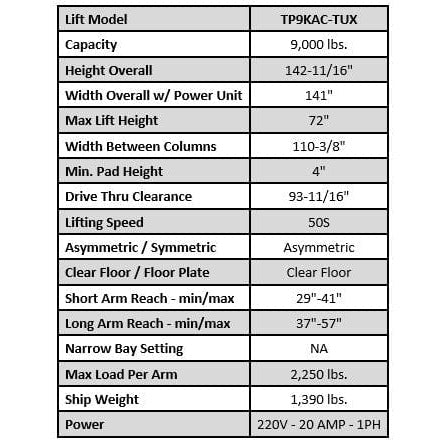 Tuxedo TP9KAC-TUX 9,000 lb Two Post Clear Floor - Asymmetric TP9KAC-TUX
