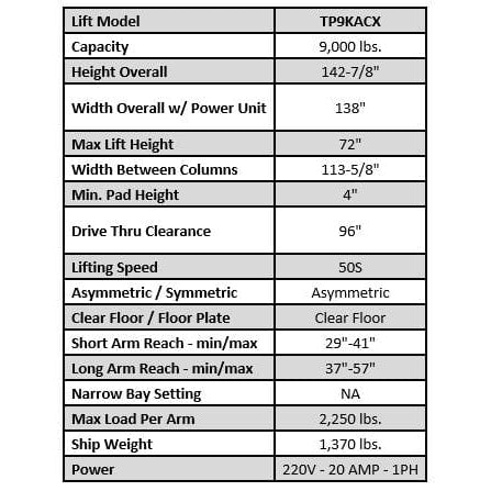 Tuxedo TP9KACX 9,000 lb Two Post Clear Floor - Asymmetric TP9KACX