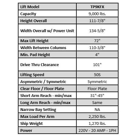 Tuxedo TP9KFX 9,000 lb Two Post Floor Plate - Symmetric TP9KFX
