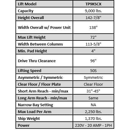 Tuxedo TP9KSCX 9,000 lb Two Post Clear Floor - Symmetric TP9KSCX