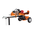 A Brave 24-Ton Log Splitter on a checkered background, highlighting its horizontal splitting position, with the tow bar, wheels, and a 24 TON decal visible on the body.
