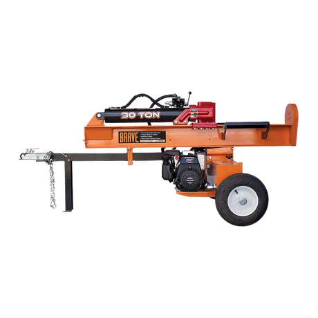 A side view of the orange Brave 30-ton log splitter with its horizontal splitting beam, large wheels, and a white Honda GC engine, all against a transparent background.