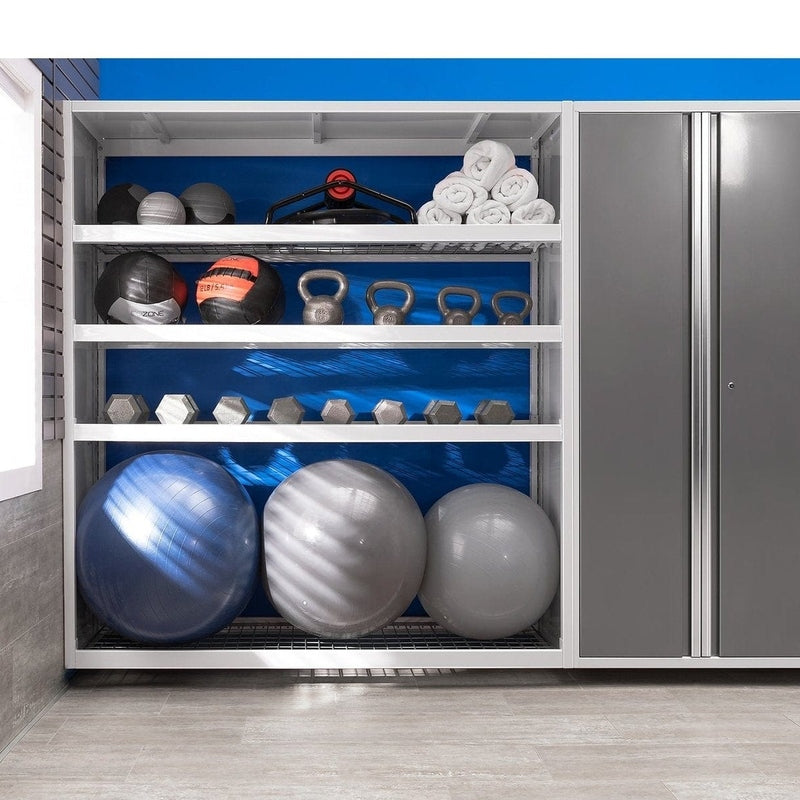 NewAge Pro Series 9 Piece Cabinet Set With Wall, Base, Tool Drawer Cabinet, 56 in. Integrated Shelf and 112 in. Worktop