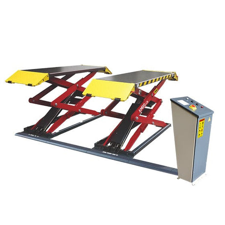 AMGO XL-7 Full-Rise Low Profile Scissor Lift, a red and yellow lift with two platforms and a connected gray control panel with buttons, shown on a white background.