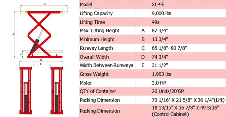 A product brochure for the AMGO XL-9F Flush Mount Scissor Lift, featuring a detailed technical diagram with measurements like 87 3/4" maximum lifting height, and a specifications table outlining lifting capacity, motor horsepower, and shipping information.