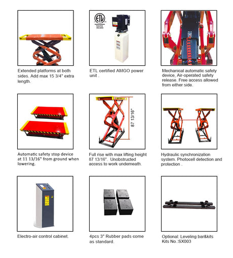 A collage of detailed images for the AMGO XL-9F Flush Mount Scissor Lift, featuring close-ups of its extended platforms, mechanical safety locks, automatic safety drop device, and the hydraulic synchronization system with safety protection.