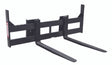 A front studio shot of a black MFR-48-C2, MFR-60-C2, or MFR-72-C2 pallet fork attachment with a wide frame and long tines, suitable for skid steer loaders.