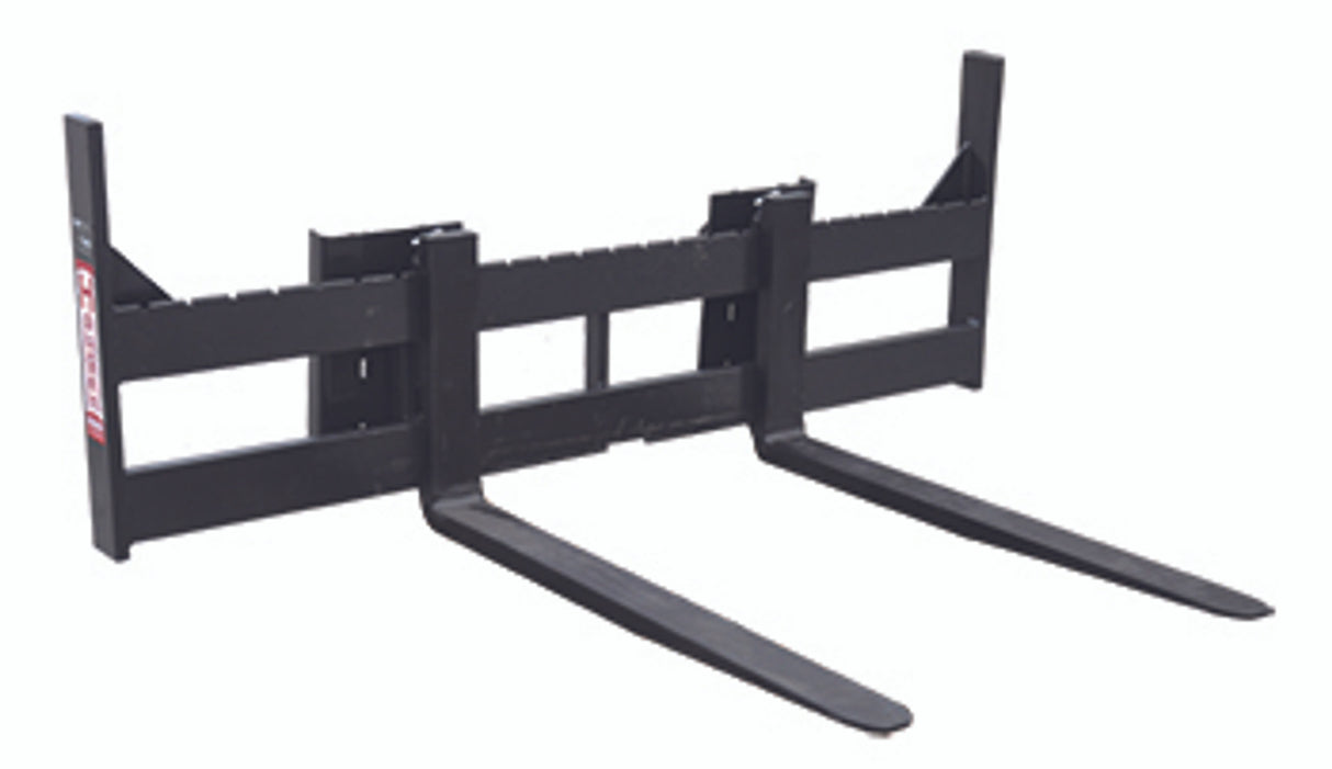 A front studio shot of a black MFR-48-C2, MFR-60-C2, or MFR-72-C2 pallet fork attachment with a wide frame and long tines, suitable for skid steer loaders.