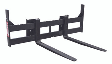 A front studio shot of a black MFR-48-C2, MFR-60-C2, or MFR-72-C2 pallet fork attachment with a wide frame and long tines, suitable for skid steer loaders.