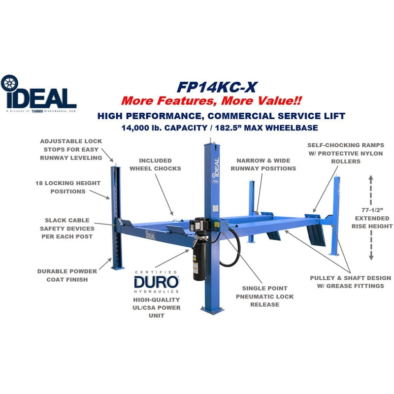 iDEAL FP14KC-X 14,000 lb. 4 Post Service Lift 182.5" WB (Closed Front / Cable Pull) FP14KC-X