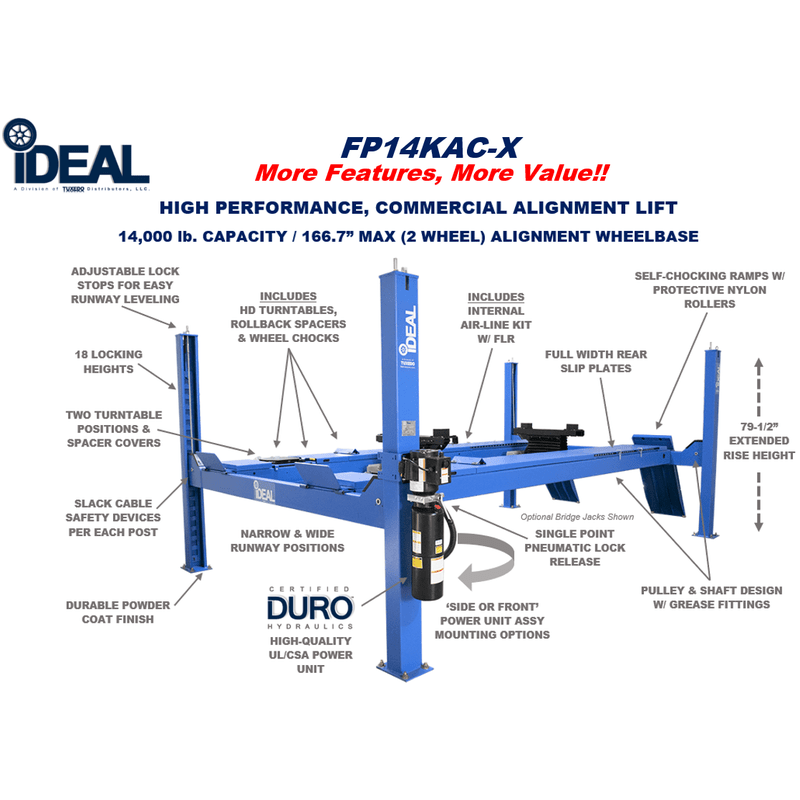 iDEAL FP14KAC-X 14K-4 Post Alignment Lift 182.5" WB (Closed Front / Cable Pull) FP14KAC-X
